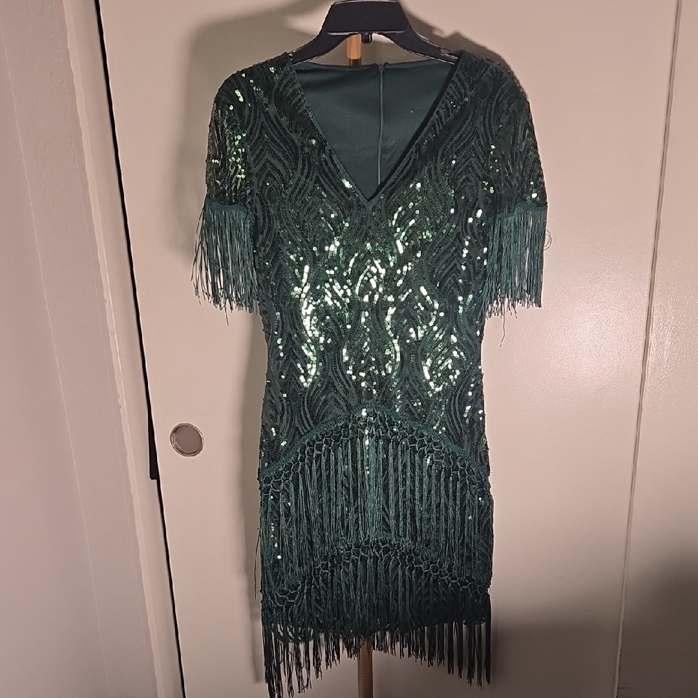 Elegant Green Sequin Fringe Dress - Picture 3 of 4